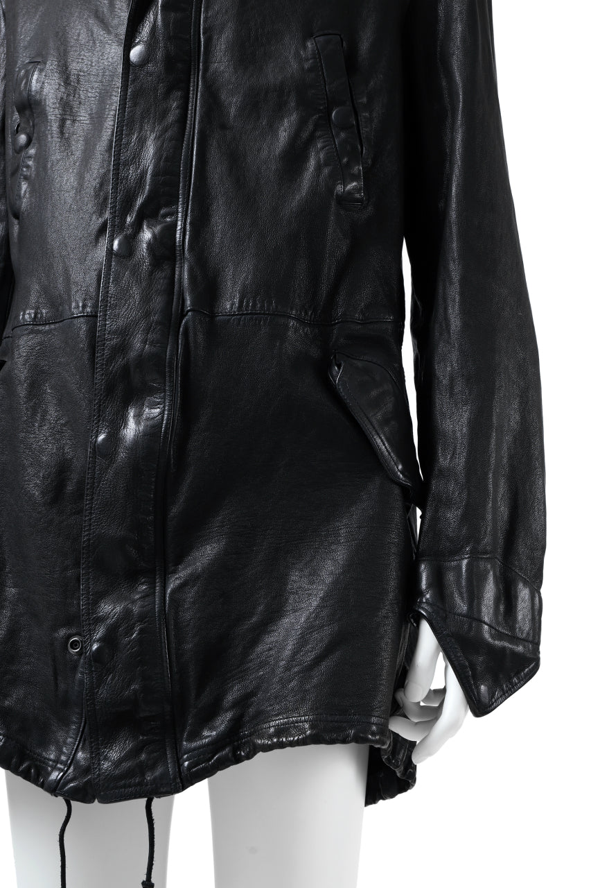 Load image into Gallery viewer, ISAMU KATAYAMA BACKLASH MODS COAT / GOAT LEATHER (GARMENT + SPRAY DYED BLACK)
