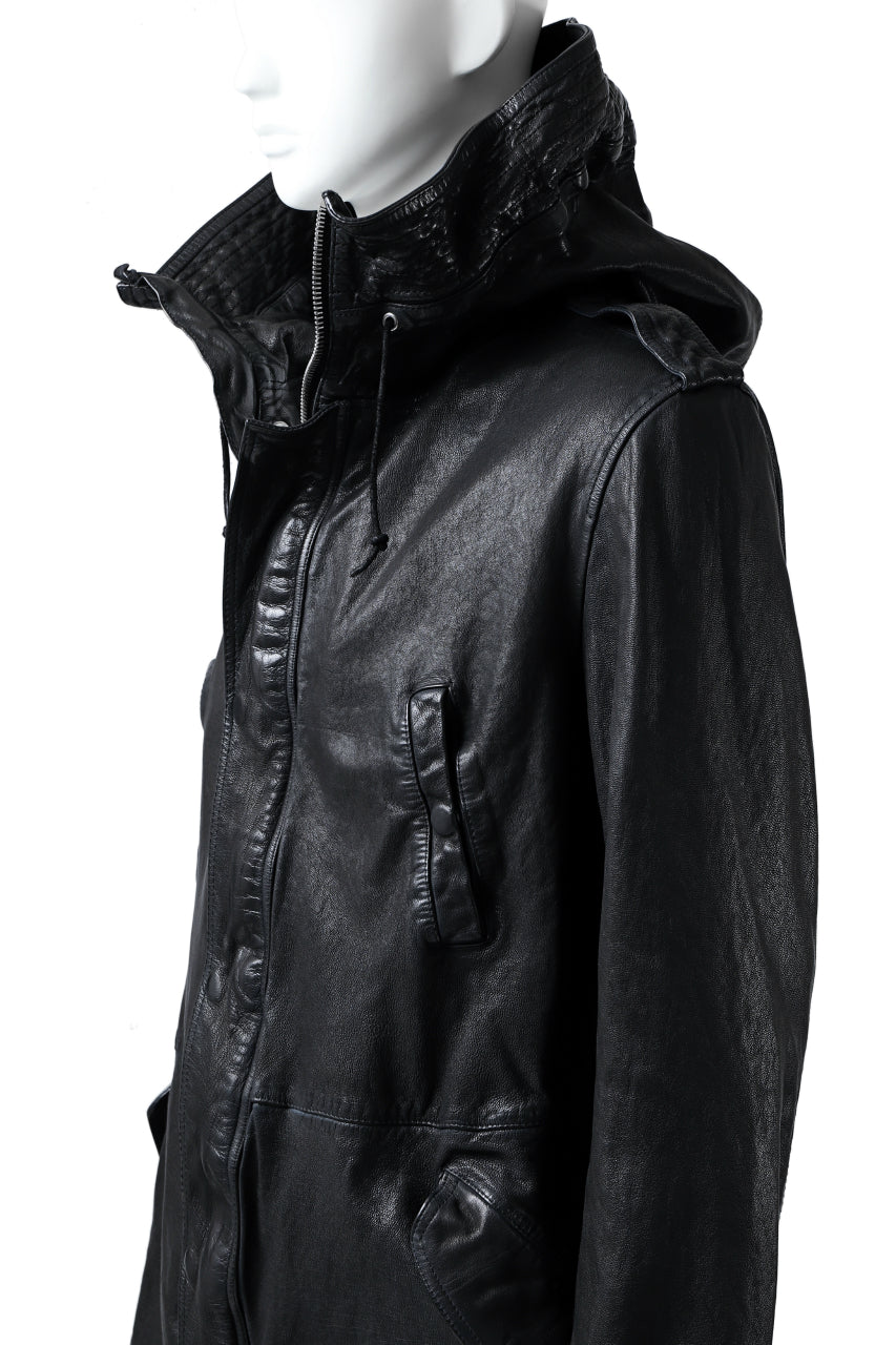 Load image into Gallery viewer, ISAMU KATAYAMA BACKLASH MODS COAT / GOAT LEATHER (GARMENT + SPRAY DYED BLACK)