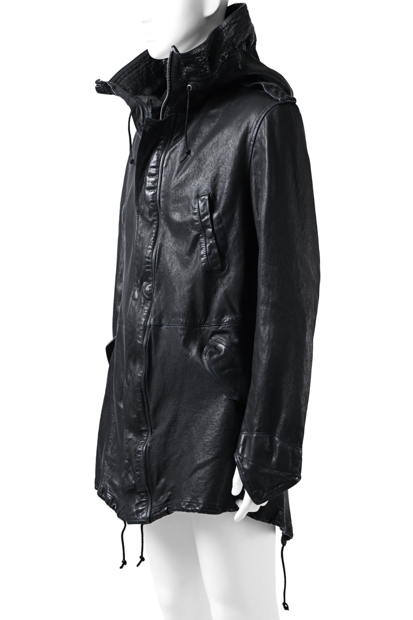 Load image into Gallery viewer, ISAMU KATAYAMA BACKLASH MODS COAT / GOAT LEATHER (GARMENT + SPRAY DYED BLACK)