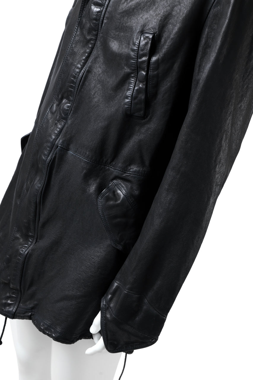 Load image into Gallery viewer, ISAMU KATAYAMA BACKLASH MODS COAT / GOAT LEATHER (GARMENT + SPRAY DYED BLACK)