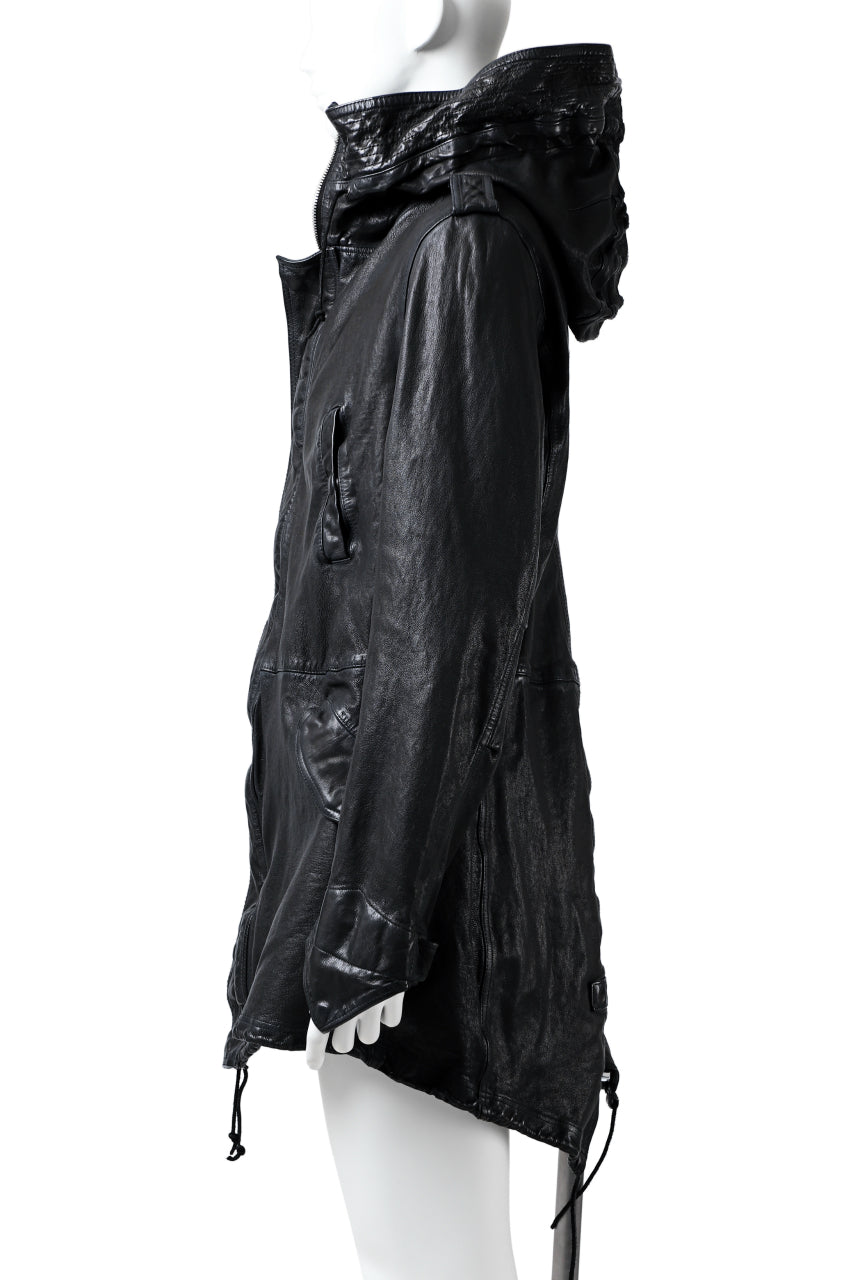 Load image into Gallery viewer, ISAMU KATAYAMA BACKLASH MODS COAT / GOAT LEATHER (GARMENT + SPRAY DYED BLACK)