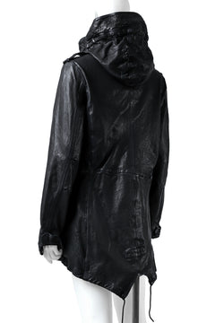 Load image into Gallery viewer, ISAMU KATAYAMA BACKLASH MODS COAT / GOAT LEATHER (GARMENT + SPRAY DYED BLACK)
