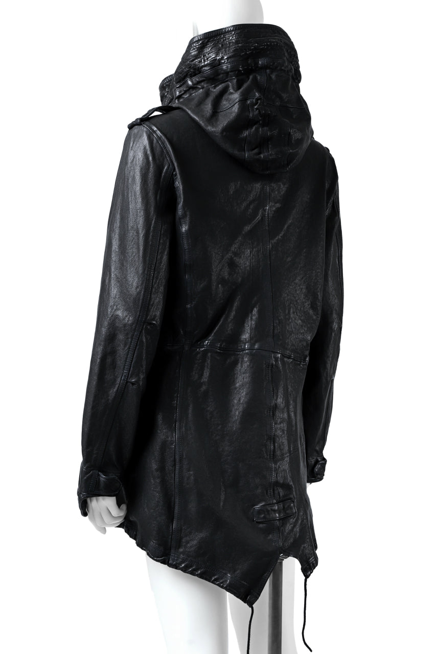 Load image into Gallery viewer, ISAMU KATAYAMA BACKLASH MODS COAT / GOAT LEATHER (GARMENT + SPRAY DYED BLACK)