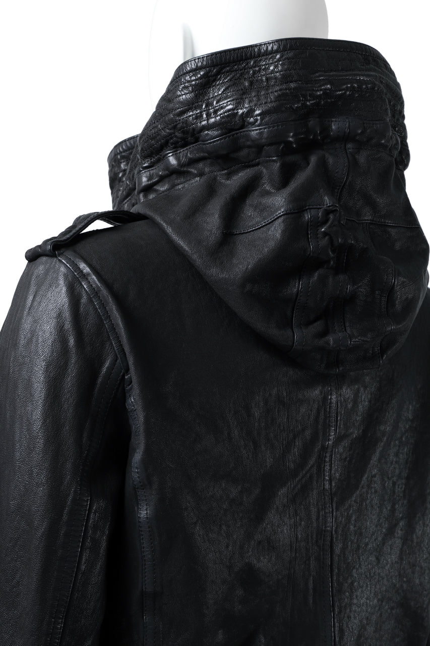 Load image into Gallery viewer, ISAMU KATAYAMA BACKLASH MODS COAT / GOAT LEATHER (GARMENT + SPRAY DYED BLACK)