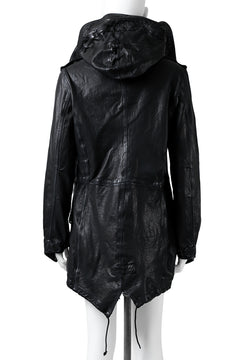 Load image into Gallery viewer, ISAMU KATAYAMA BACKLASH MODS COAT / GOAT LEATHER (GARMENT + SPRAY DYED BLACK)