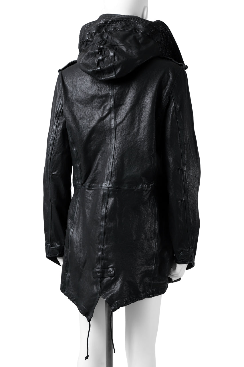 Load image into Gallery viewer, ISAMU KATAYAMA BACKLASH MODS COAT / GOAT LEATHER (GARMENT + SPRAY DYED BLACK)