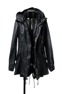 Load image into Gallery viewer, ISAMU KATAYAMA BACKLASH MODS COAT / GOAT LEATHER (GARMENT + SPRAY DYED BLACK)