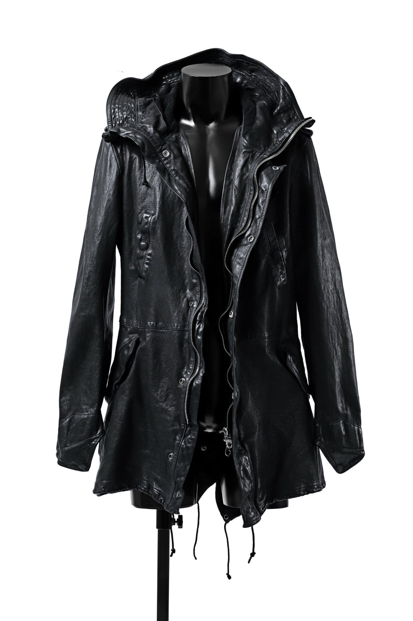 Load image into Gallery viewer, ISAMU KATAYAMA BACKLASH MODS COAT / GOAT LEATHER (GARMENT + SPRAY DYED BLACK)