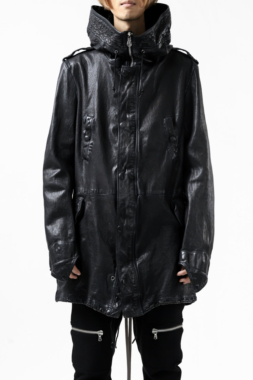 Load image into Gallery viewer, ISAMU KATAYAMA BACKLASH MODS COAT / GOAT LEATHER (GARMENT + SPRAY DYED BLACK)