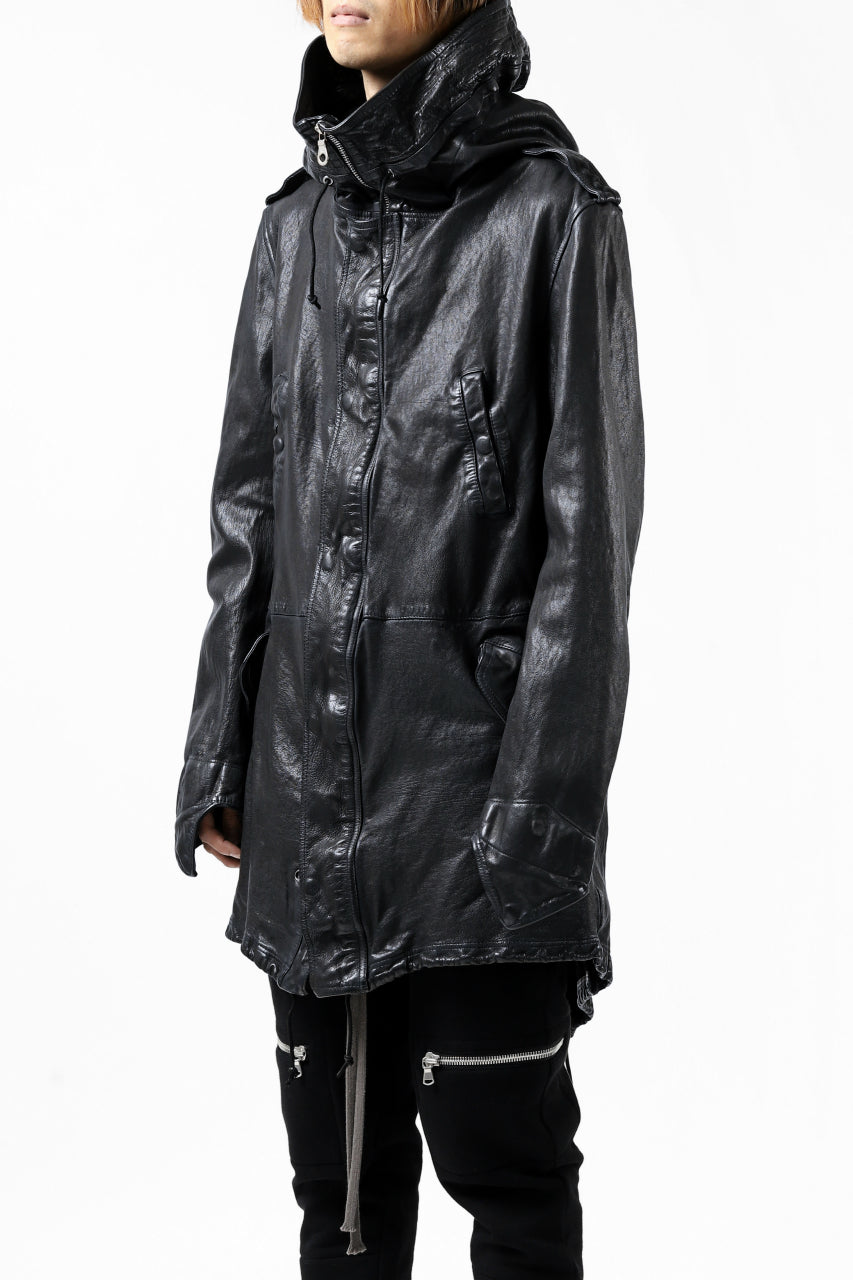 Load image into Gallery viewer, ISAMU KATAYAMA BACKLASH MODS COAT / GOAT LEATHER (GARMENT + SPRAY DYED BLACK)