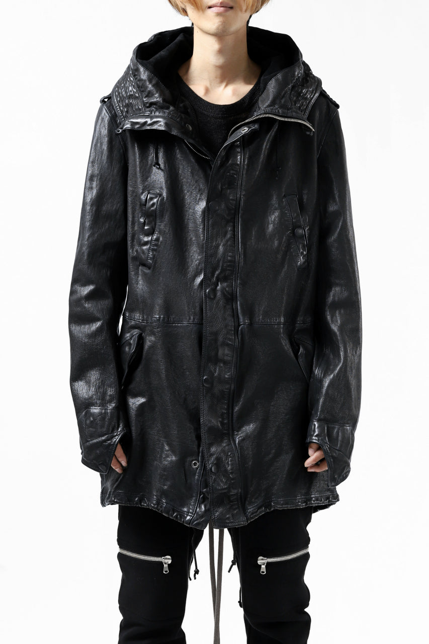 Load image into Gallery viewer, ISAMU KATAYAMA BACKLASH MODS COAT / GOAT LEATHER (GARMENT + SPRAY DYED BLACK)