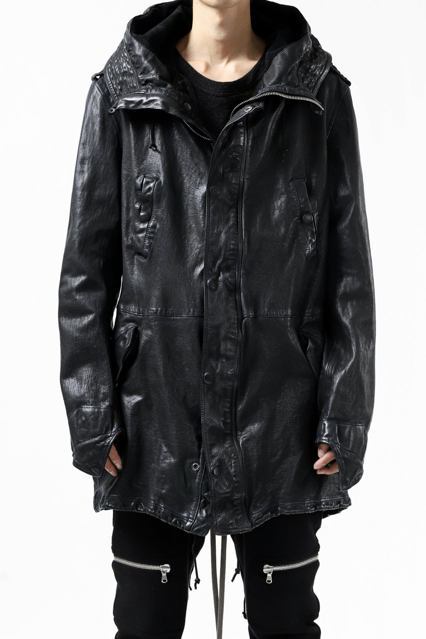 Load image into Gallery viewer, ISAMU KATAYAMA BACKLASH MODS COAT / GOAT LEATHER (GARMENT + SPRAY DYED BLACK)