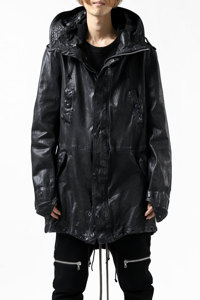 Load image into Gallery viewer, ISAMU KATAYAMA BACKLASH MODS COAT / GOAT LEATHER (GARMENT + SPRAY DYED BLACK)