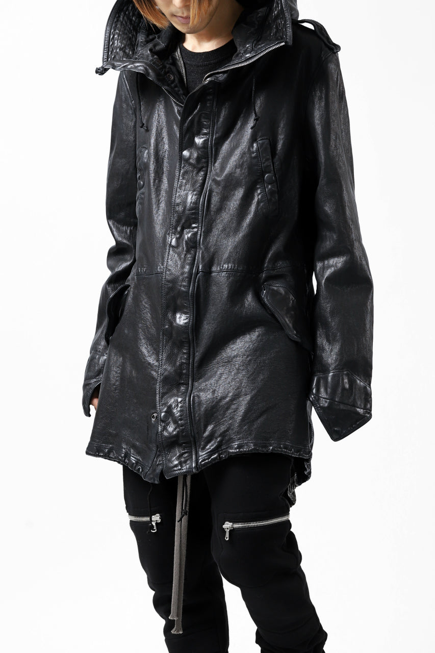 Load image into Gallery viewer, ISAMU KATAYAMA BACKLASH MODS COAT / GOAT LEATHER (GARMENT + SPRAY DYED BLACK)