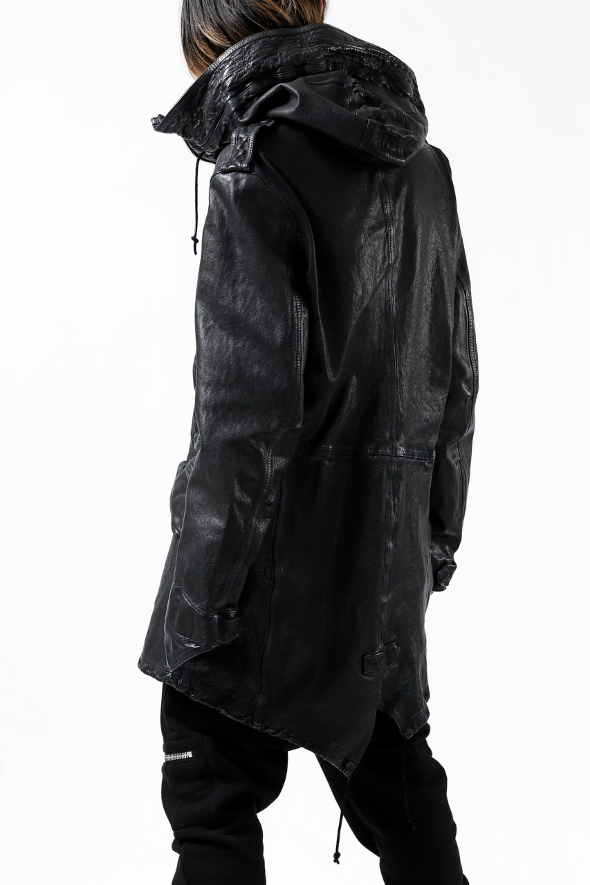 Load image into Gallery viewer, ISAMU KATAYAMA BACKLASH MODS COAT / GOAT LEATHER (GARMENT + SPRAY DYED BLACK)