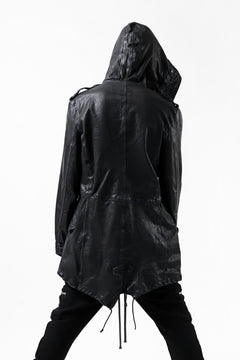 Load image into Gallery viewer, ISAMU KATAYAMA BACKLASH MODS COAT / GOAT LEATHER (GARMENT + SPRAY DYED BLACK)