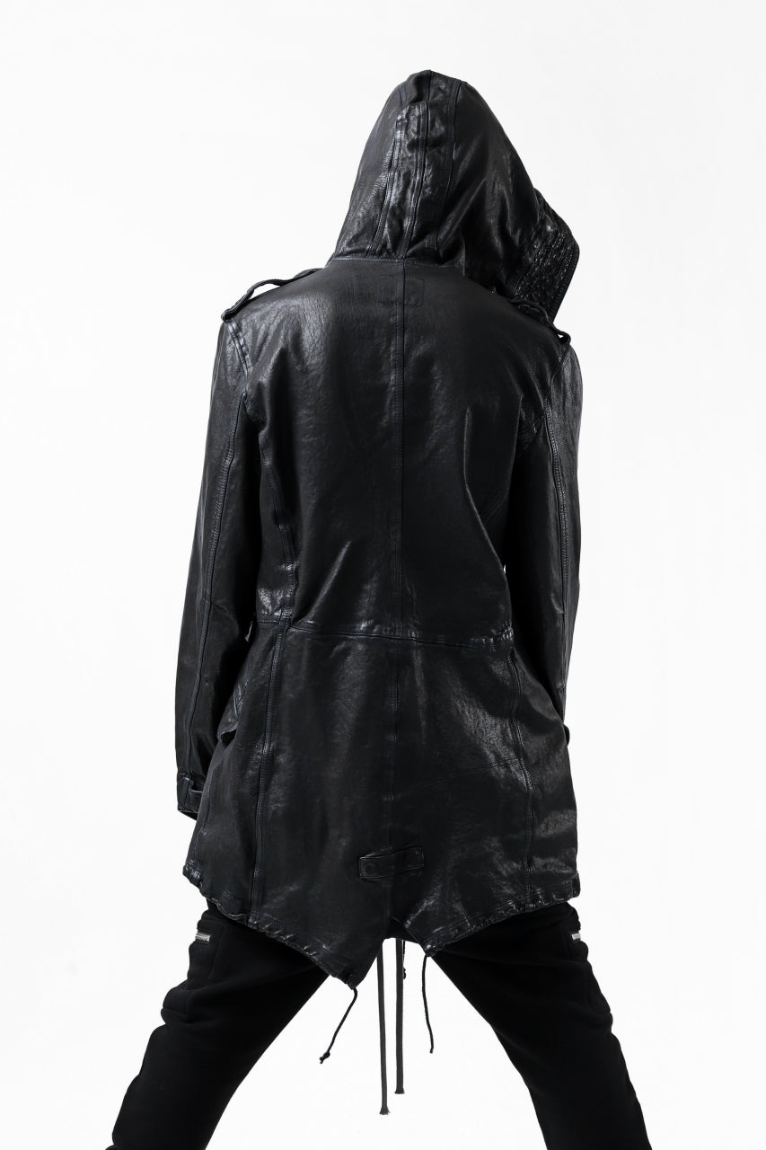 Load image into Gallery viewer, ISAMU KATAYAMA BACKLASH MODS COAT / GOAT LEATHER (GARMENT + SPRAY DYED BLACK)
