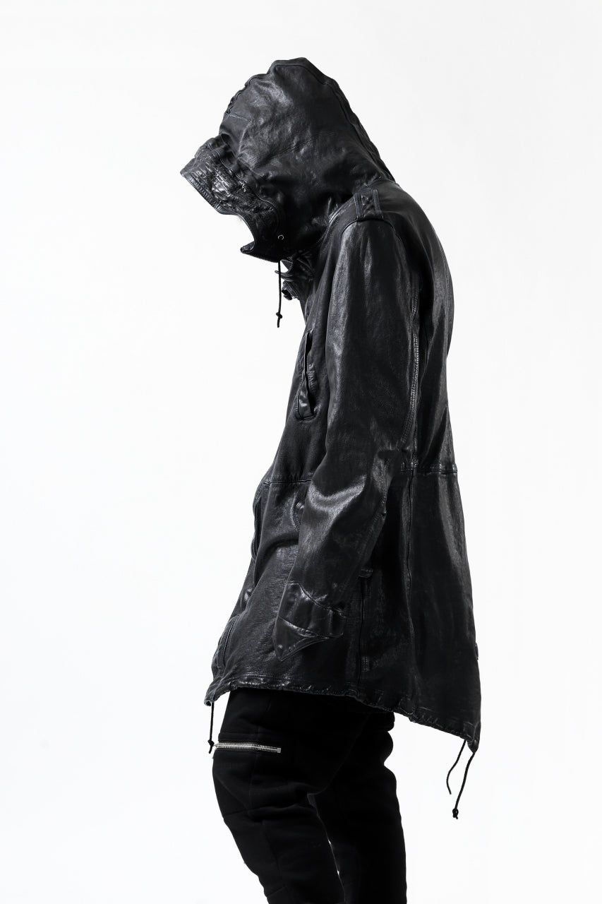 Load image into Gallery viewer, ISAMU KATAYAMA BACKLASH MODS COAT / GOAT LEATHER (GARMENT + SPRAY DYED BLACK)