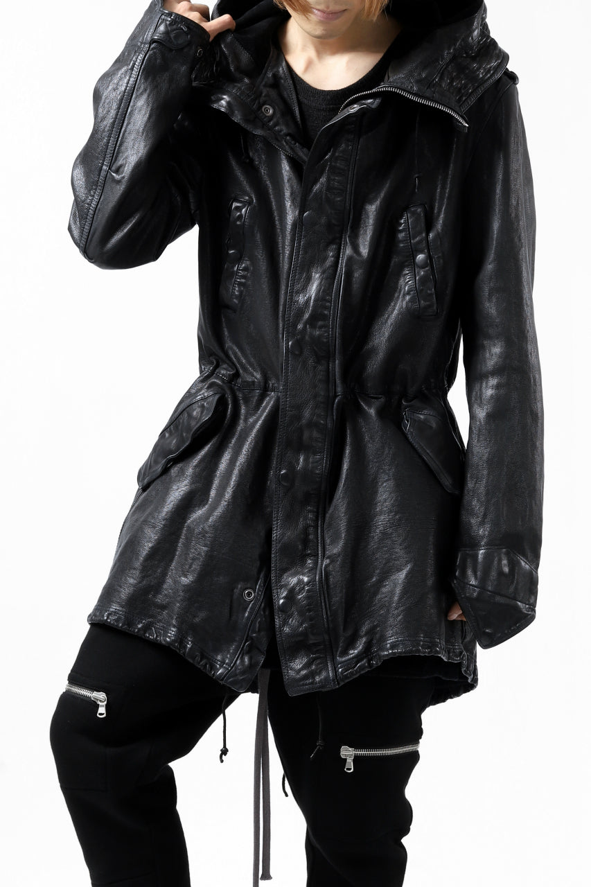 Load image into Gallery viewer, ISAMU KATAYAMA BACKLASH MODS COAT / GOAT LEATHER (GARMENT + SPRAY DYED BLACK)