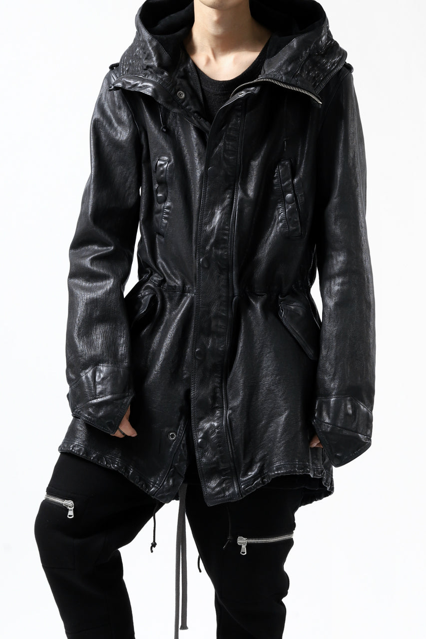 Load image into Gallery viewer, ISAMU KATAYAMA BACKLASH MODS COAT / GOAT LEATHER (GARMENT + SPRAY DYED BLACK)