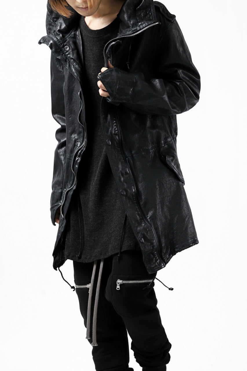 Load image into Gallery viewer, ISAMU KATAYAMA BACKLASH MODS COAT / GOAT LEATHER (GARMENT + SPRAY DYED BLACK)
