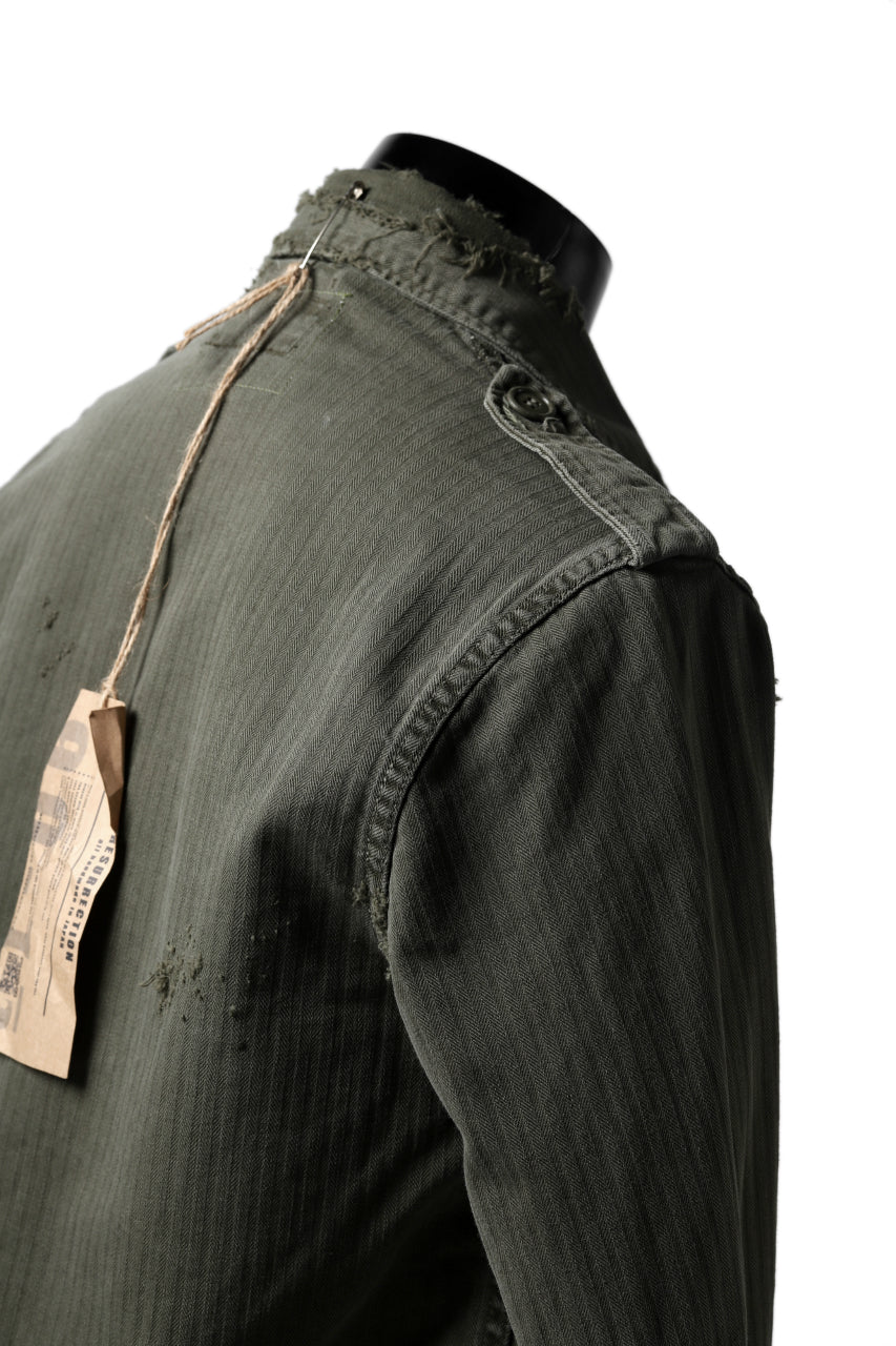 画像をギャラリービューアに読み込む, RESURRECTION HANDMADE vintage damage military herringbone shirt (KHAKI GREEN)
