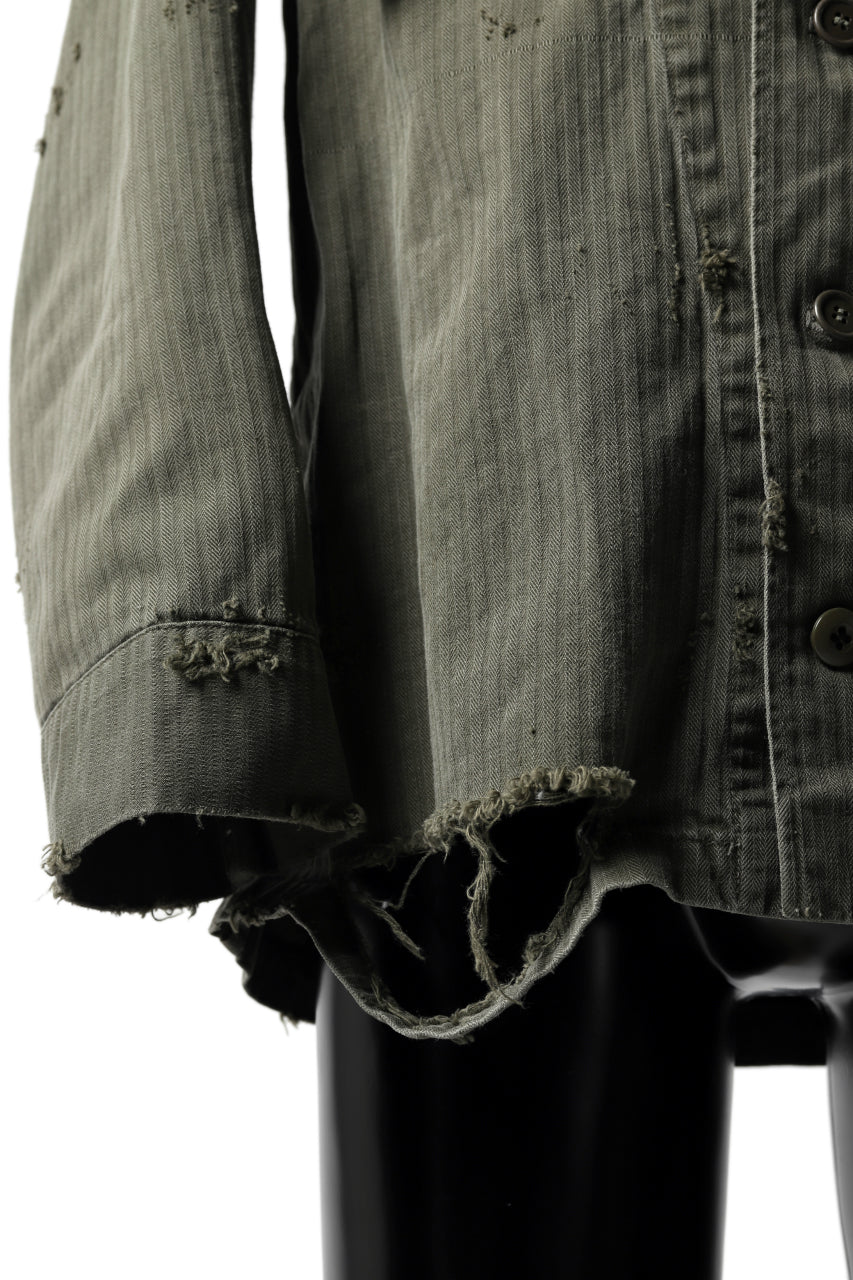 画像をギャラリービューアに読み込む, RESURRECTION HANDMADE vintage damage military herringbone shirt (KHAKI GREEN)