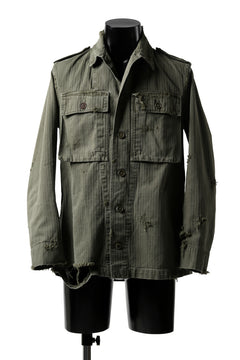画像をギャラリービューアに読み込む, RESURRECTION HANDMADE vintage damage military herringbone shirt (KHAKI GREEN)