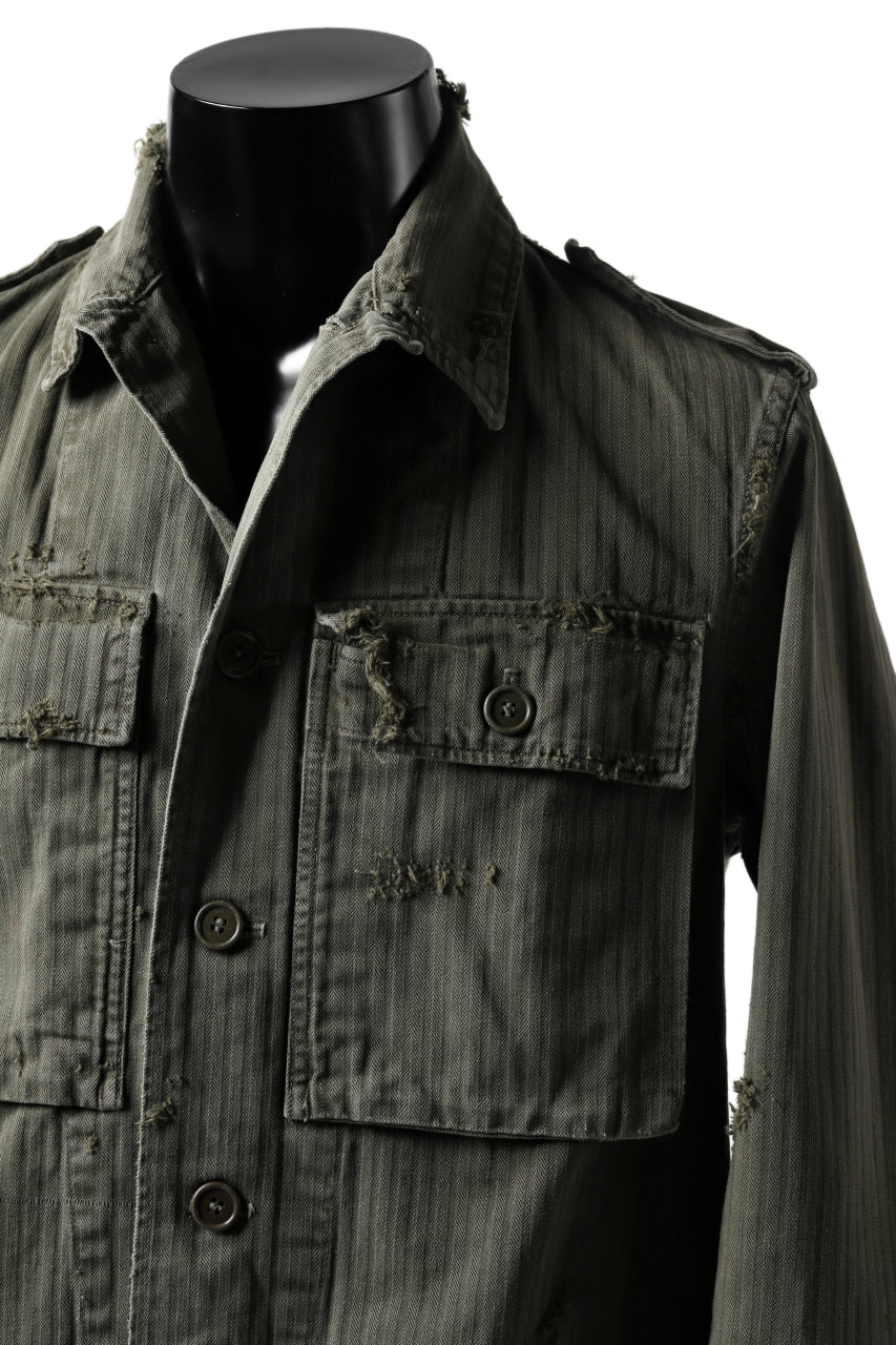 画像をギャラリービューアに読み込む, RESURRECTION HANDMADE vintage damage military herringbone shirt (KHAKI GREEN)