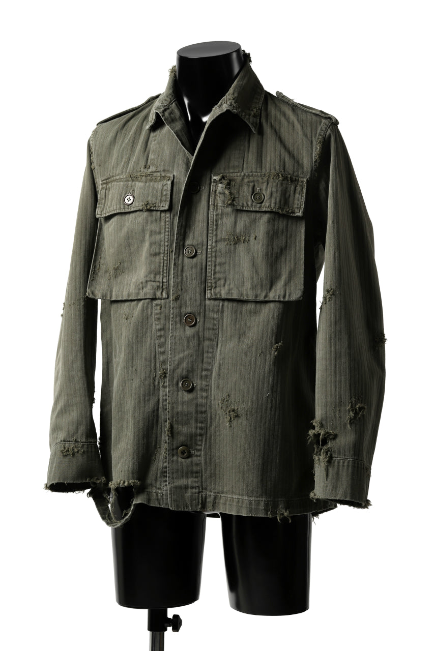 画像をギャラリービューアに読み込む, RESURRECTION HANDMADE vintage damage military herringbone shirt (KHAKI GREEN)