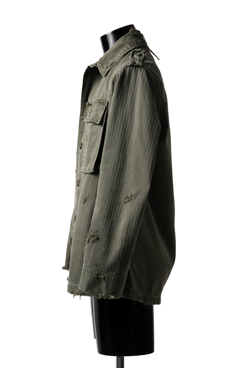 画像をギャラリービューアに読み込む, RESURRECTION HANDMADE vintage damage military herringbone shirt (KHAKI GREEN)