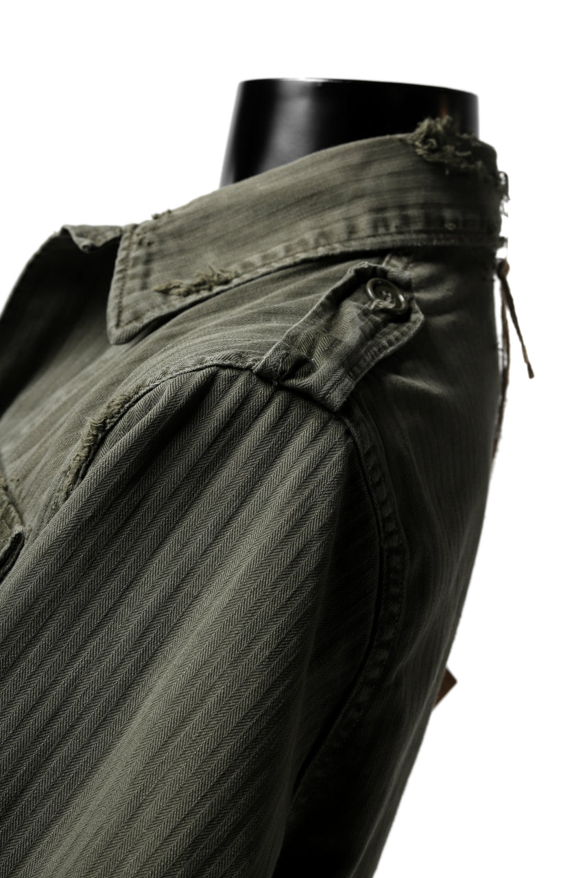 画像をギャラリービューアに読み込む, RESURRECTION HANDMADE vintage damage military herringbone shirt (KHAKI GREEN)