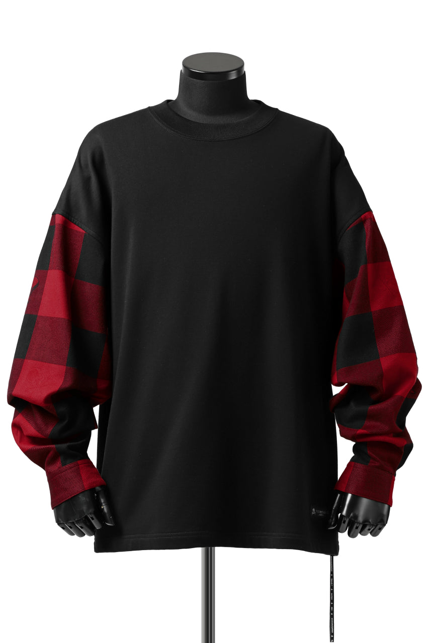 Load image into Gallery viewer, mastermind JAPAN COMBI PULLOVER TOPS / CHECK SHIRT SLEEVE (BLACK x RED)
