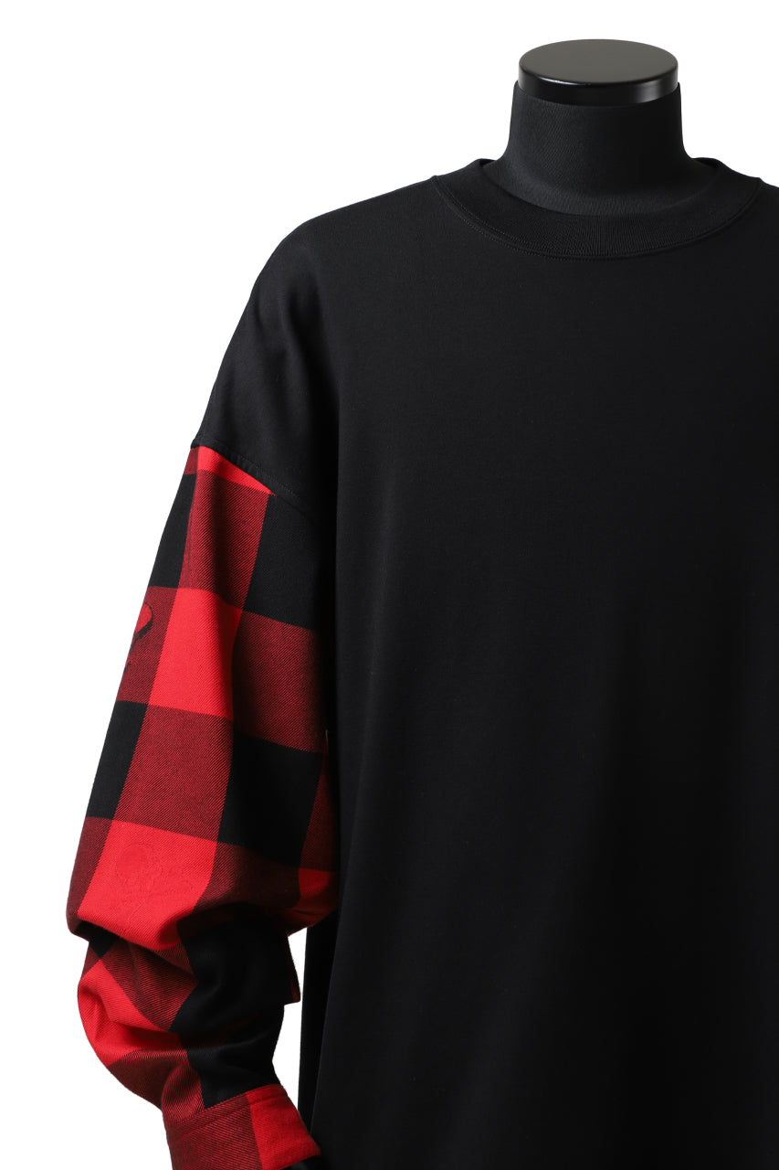 Load image into Gallery viewer, mastermind JAPAN COMBI PULLOVER TOPS / CHECK SHIRT SLEEVE (BLACK x RED)
