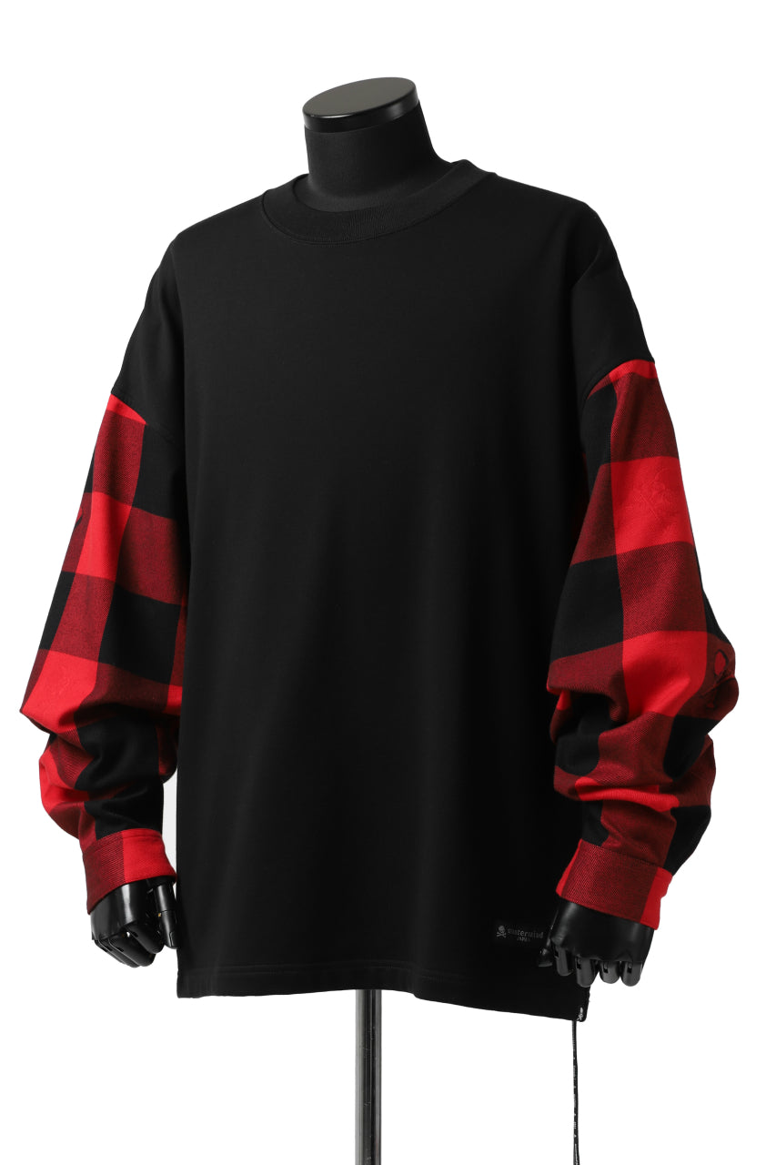 Load image into Gallery viewer, mastermind JAPAN COMBI PULLOVER TOPS / CHECK SHIRT SLEEVE (BLACK x RED)