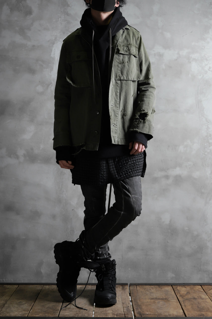 画像をギャラリービューアに読み込む, RESURRECTION HANDMADE vintage damage military herringbone shirt (KHAKI GREEN)
