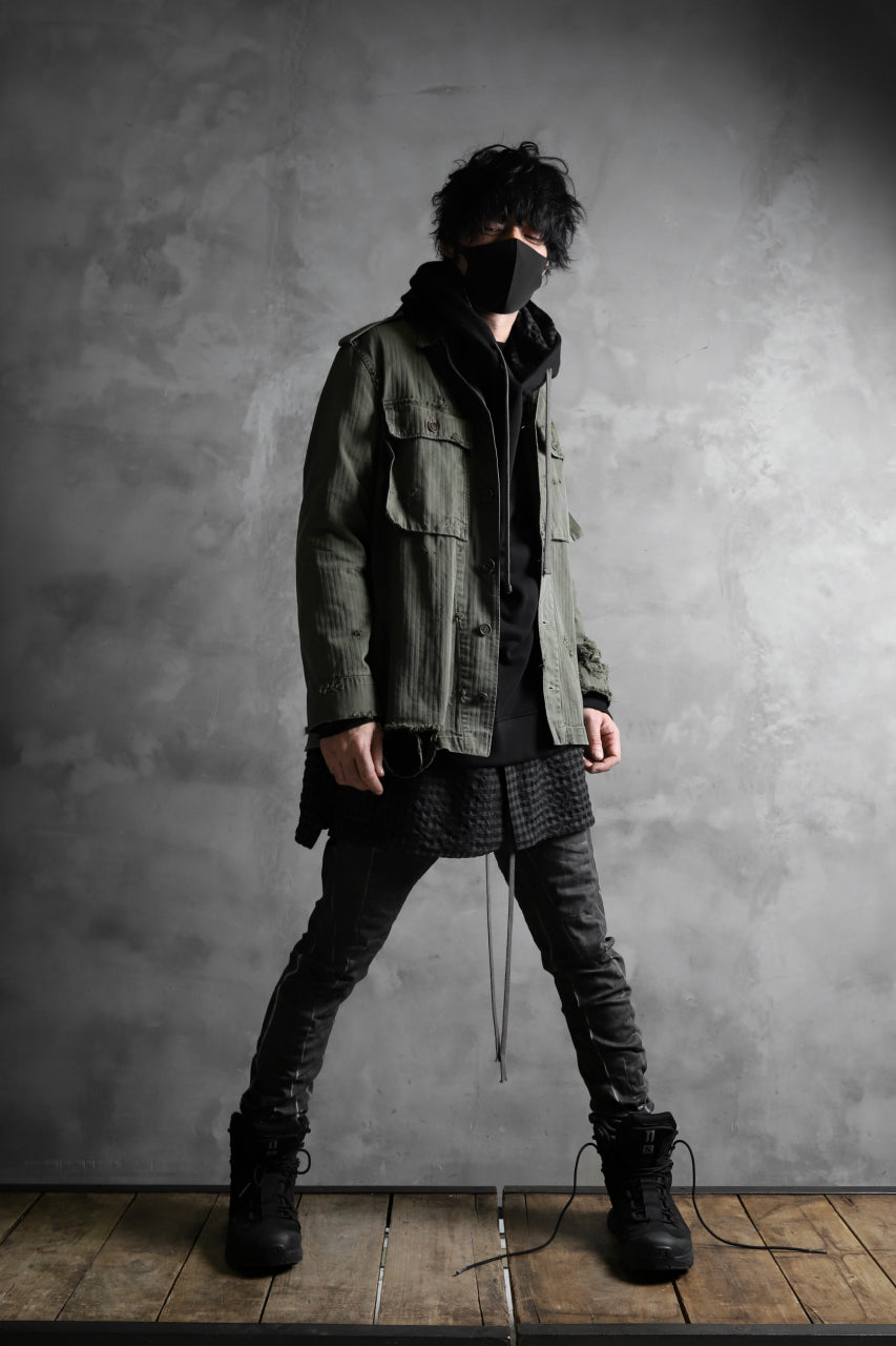 画像をギャラリービューアに読み込む, RESURRECTION HANDMADE vintage damage military herringbone shirt (KHAKI GREEN)