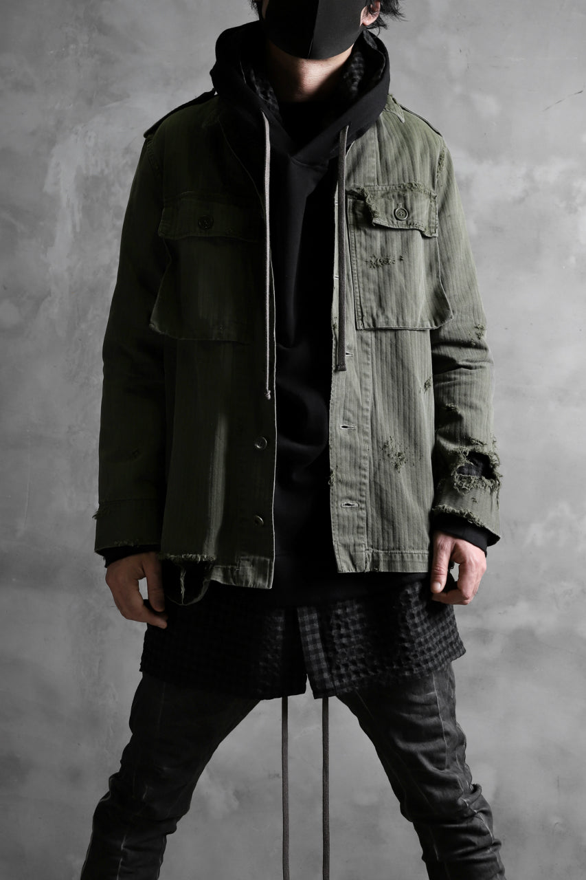 画像をギャラリービューアに読み込む, RESURRECTION HANDMADE vintage damage military herringbone shirt (KHAKI GREEN)