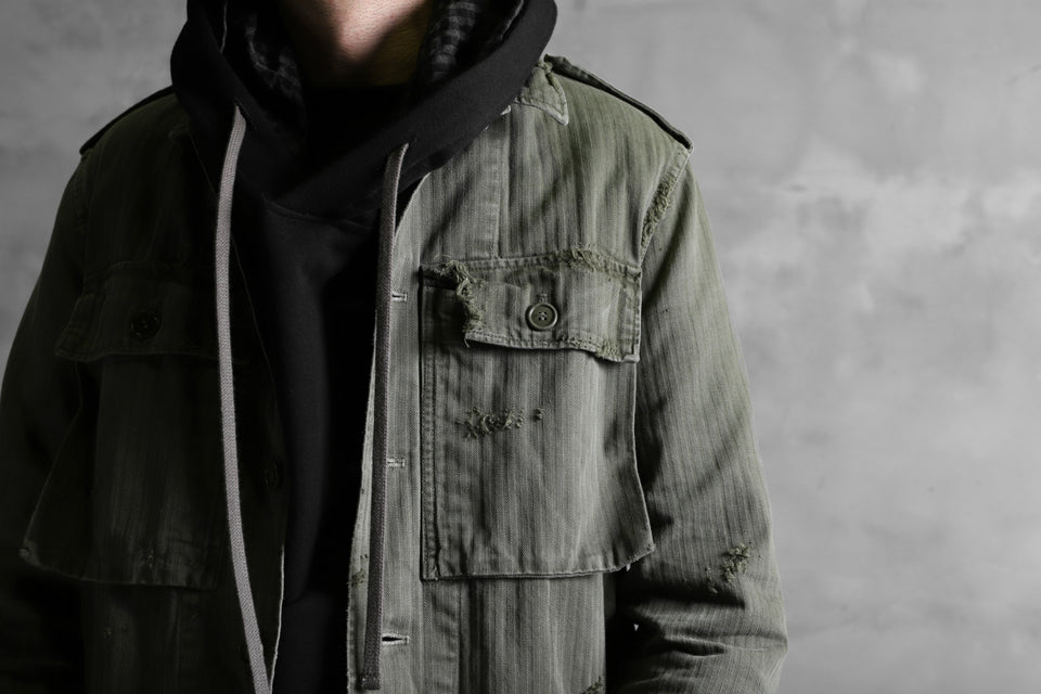 画像をギャラリービューアに読み込む, RESURRECTION HANDMADE vintage damage military herringbone shirt (KHAKI GREEN)
