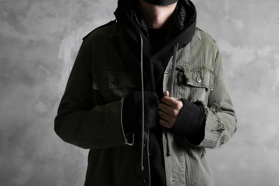 画像をギャラリービューアに読み込む, RESURRECTION HANDMADE vintage damage military herringbone shirt (KHAKI GREEN)