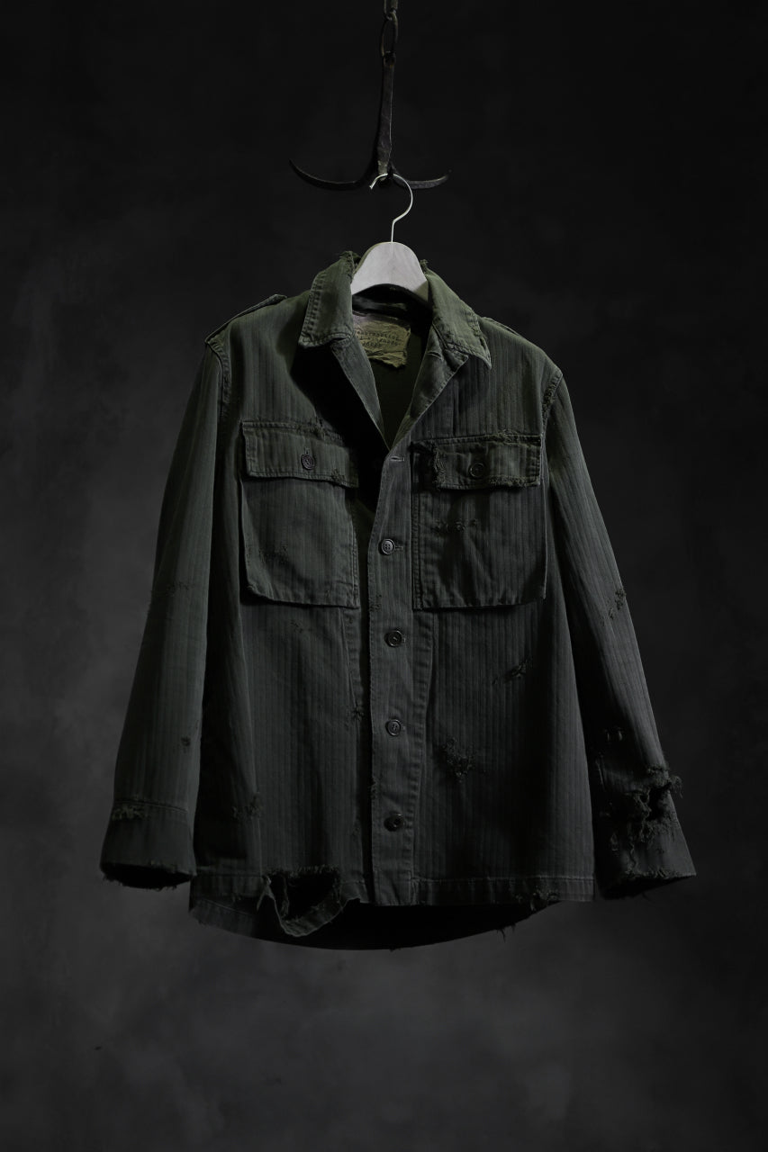 画像をギャラリービューアに読み込む, RESURRECTION HANDMADE vintage damage military herringbone shirt (KHAKI GREEN)