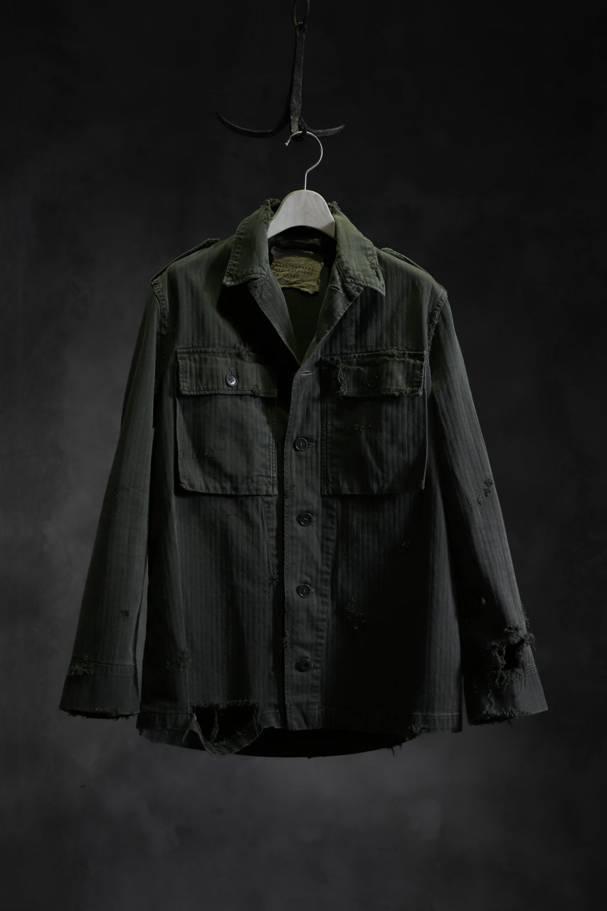 画像をギャラリービューアに読み込む, RESURRECTION HANDMADE vintage damage military herringbone shirt (KHAKI GREEN)