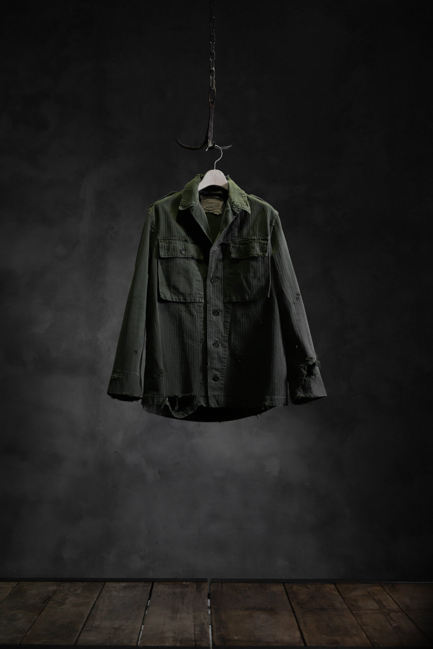 画像をギャラリービューアに読み込む, RESURRECTION HANDMADE vintage damage military herringbone shirt (KHAKI GREEN)
