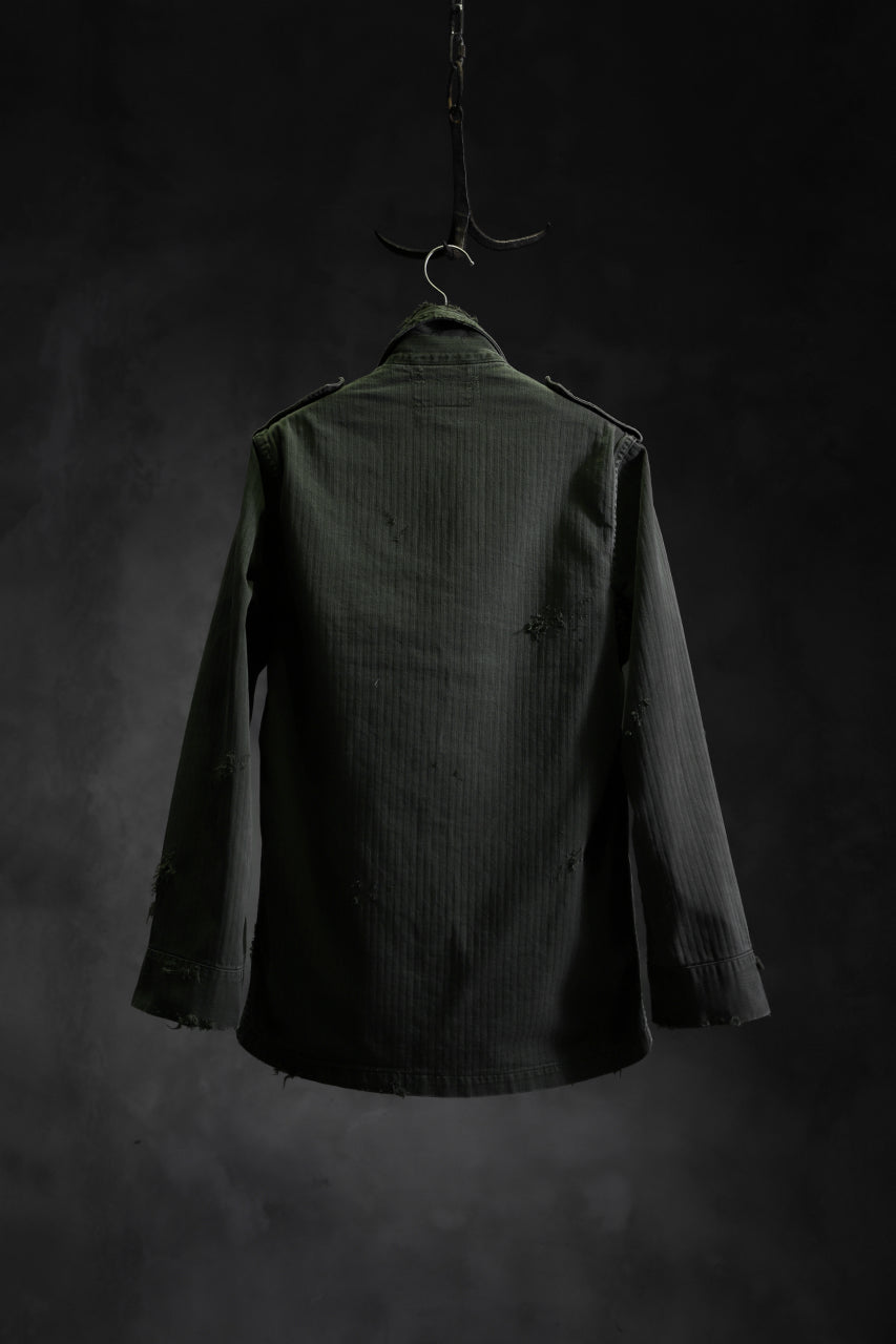 RESURRECTION HANDMADE vintage damage military herringbone shirt (KHAKI GREEN)
