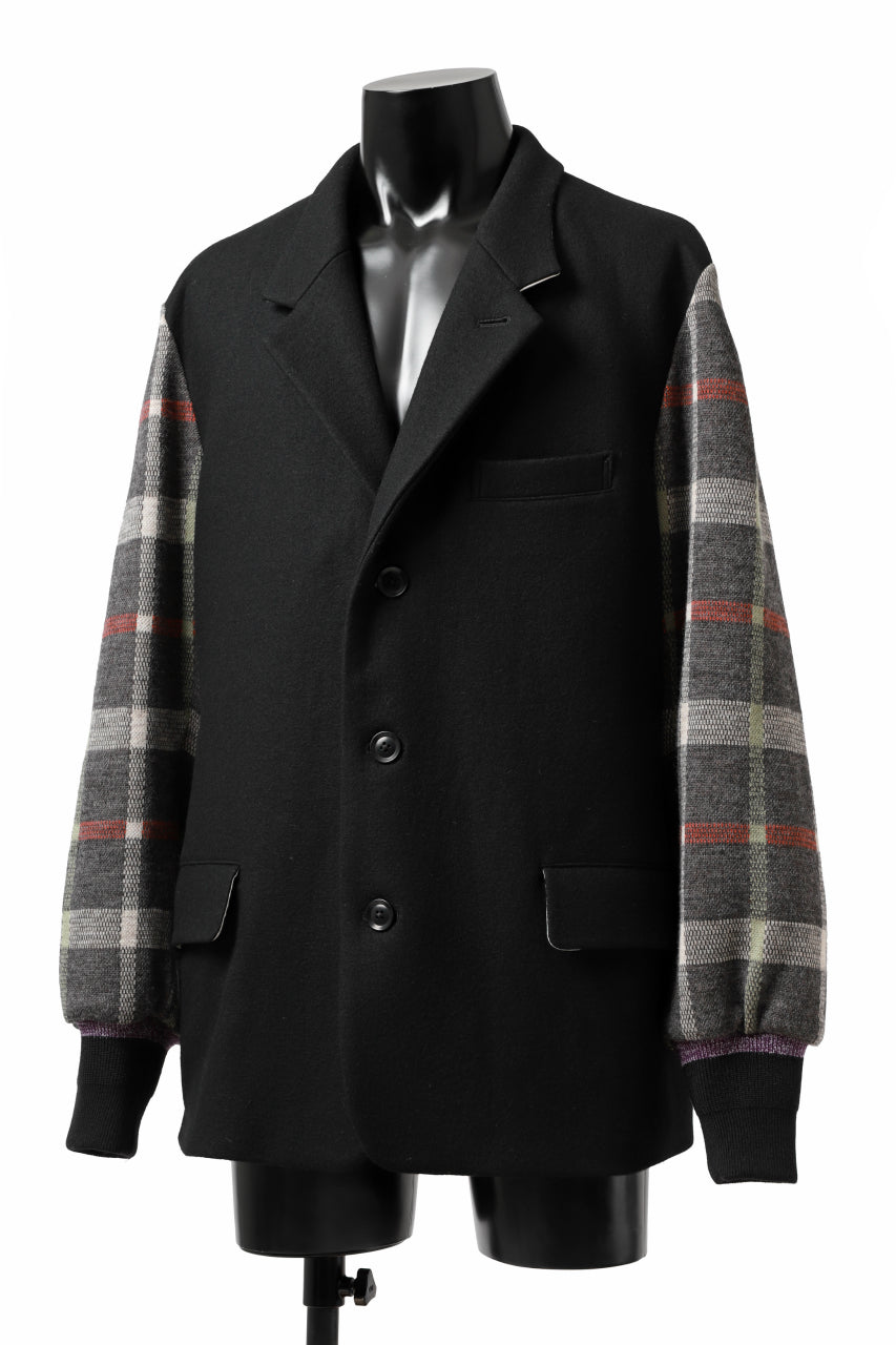 Load image into Gallery viewer, Y's BANG ON! No.176 2 STEP RIB JACKET /  WOOL MELTON SMOOTH + CHECKED JACQUARD (BLACK)