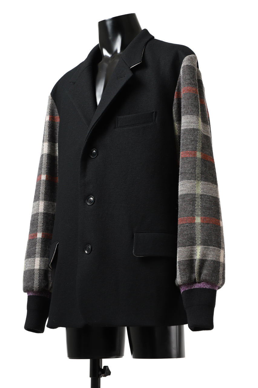 Load image into Gallery viewer, Y's BANG ON! No.176 2 STEP RIB JACKET /  WOOL MELTON SMOOTH + CHECKED JACQUARD (BLACK)