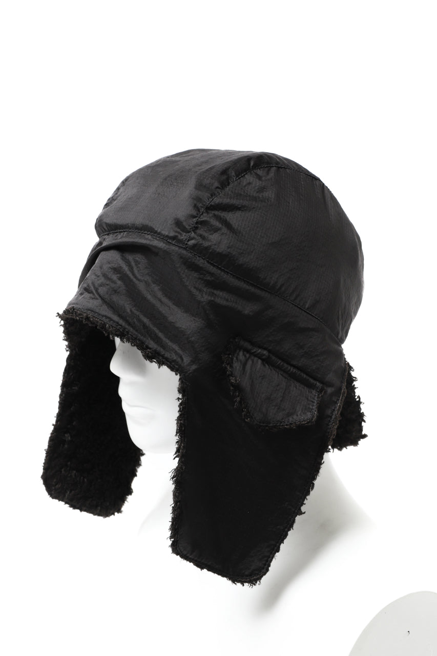 画像をギャラリービューアに読み込む, masnada REVERSIBLE TRAPPER HAT / REPURPOSED LINEN FUR AND RIPSTOP (BLACK)