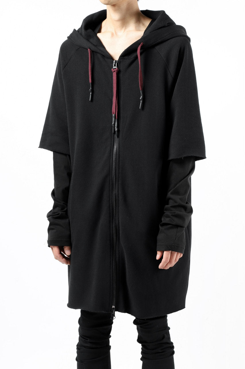 Load image into Gallery viewer, FIRST AID TO THE INJURED HOODY LAYERED SLEEVE ZIP PARKA / FRENCH TERRY + JERSEY (BLACK)