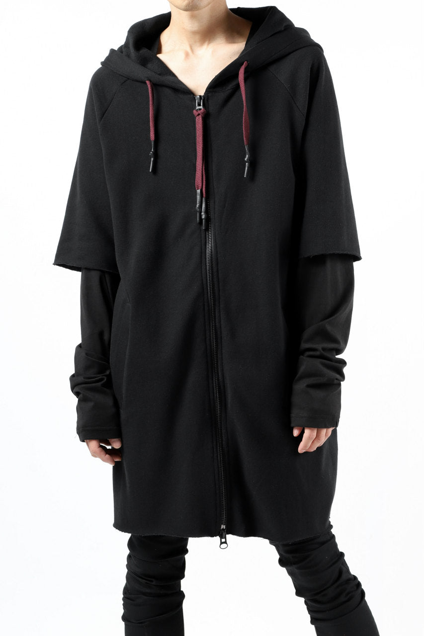 Load image into Gallery viewer, FIRST AID TO THE INJURED HOODY LAYERED SLEEVE ZIP PARKA / FRENCH TERRY + JERSEY (BLACK)