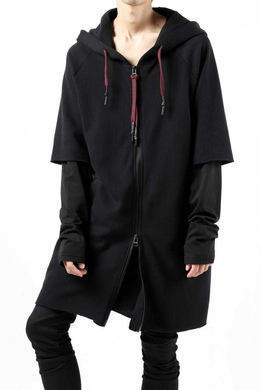 Load image into Gallery viewer, FIRST AID TO THE INJURED HOODY LAYERED SLEEVE ZIP PARKA / FRENCH TERRY + JERSEY (BLACK)